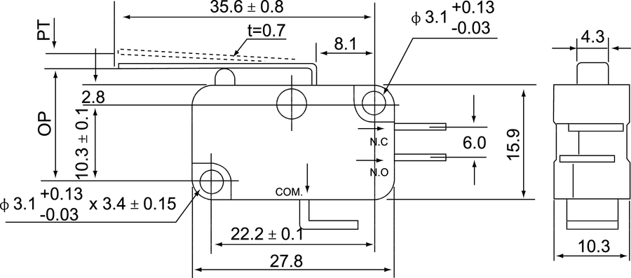 MSV\101C Мікро-вимикач важіль середній - Розміри